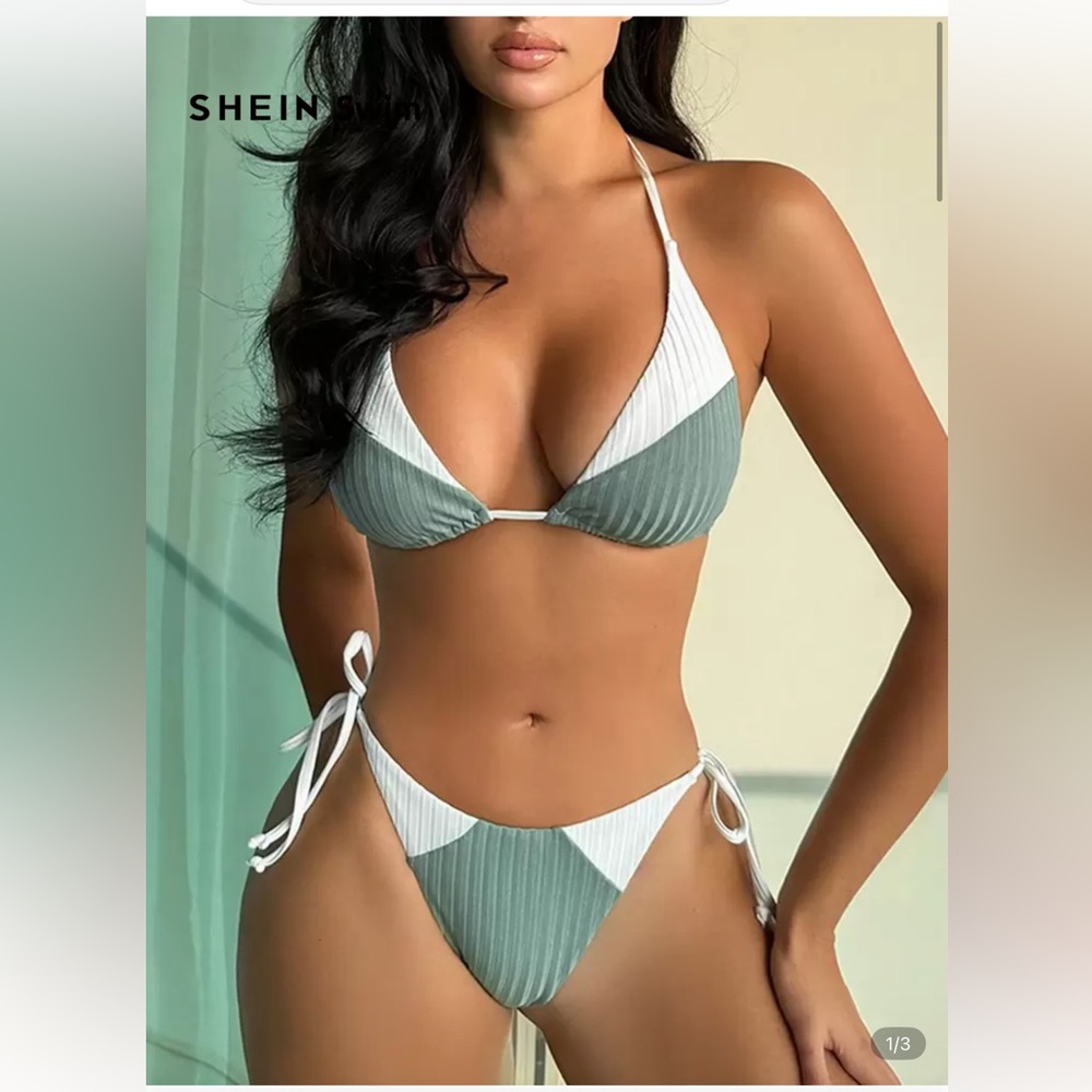 NEW Colorblock Knotted Bikini Top & Bottoms - Size Small | Color: Green/White